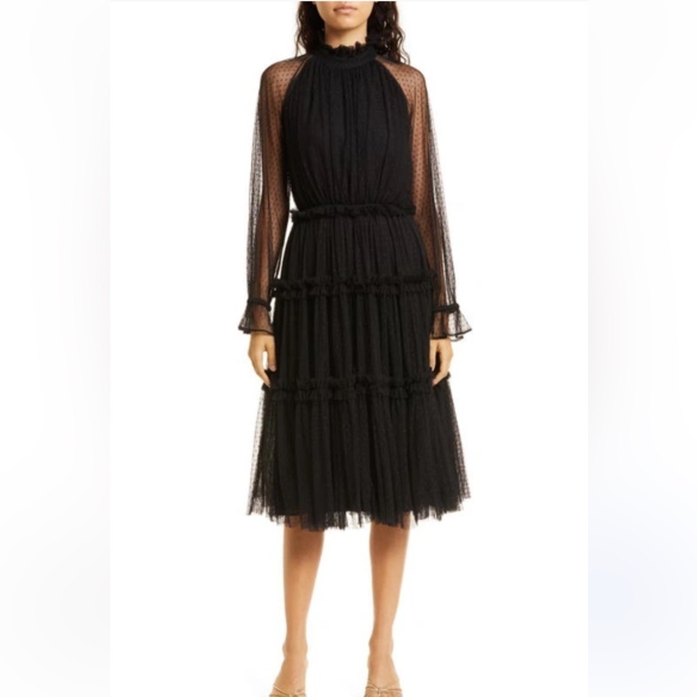 Mille GABRIELLE SHEER SLEEVE TIERED MIDI DRESS IN BLACK TULLE sz S